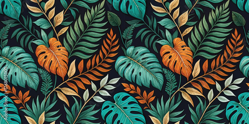 Vibrant tropical foliage pattern featuring teal, orange, and earthy tones on a dark background.