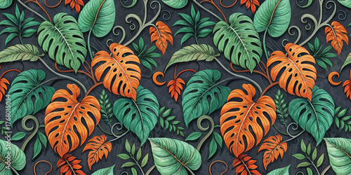 Vibrant tropical foliage pattern featuring lush green leaves with touches of orange for a lively decor.