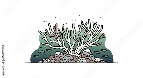 Delicate underwater world illustration featuring coral reef, rocks and small fish in light
