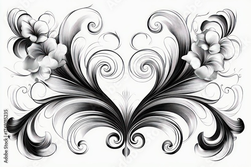 Symmetrical black and white floral design with elegant swirling leaves and blooming flowers creating a graceful and artistic pattern