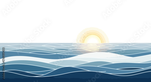 Stylized ocean waves meeting a radiant sunrise, a serene nautical illustration with calming water