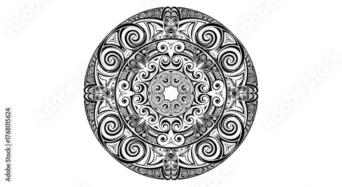 Intricate circular design featuring swirling patterns and stylized organic shapes creates a