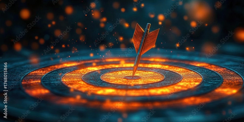 Obraz premium A dart perfectly hitting the glowing center of a fiery target board surrounded by glowing embers in a dark setting