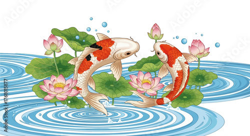 Elegant koi fish swimming gracefully among blooming lotus flowers, a serene watercolor