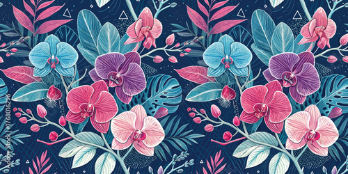 Vibrant floral pattern featuring a mix of colorful orchids against a dark, lush background.