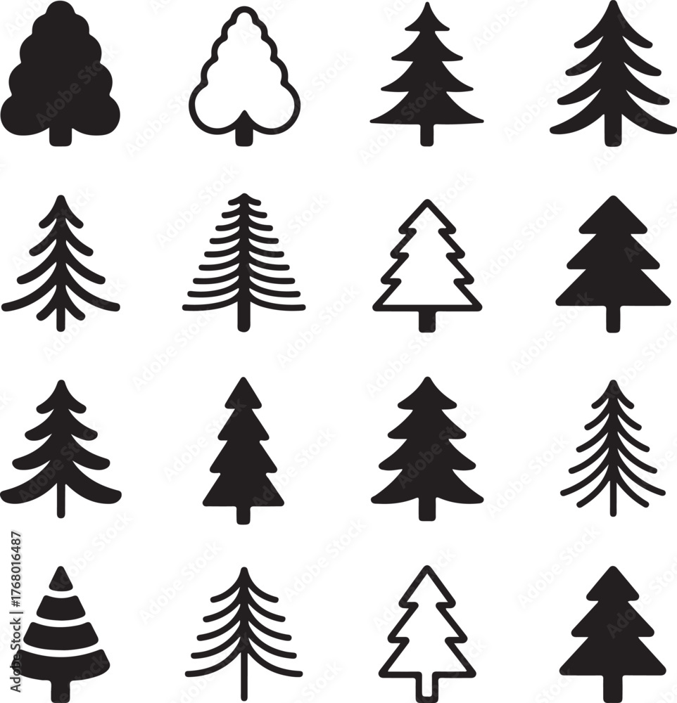 Obraz premium Collection of diverse pine tree silhouettes coloring page for kids fun activities
