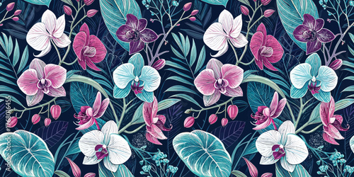 Vibrant floral pattern featuring colorful orchids and lush green leaves on a dark background.