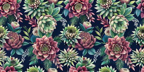 Vibrant floral pattern featuring succulents and lush greenery against a dark background.