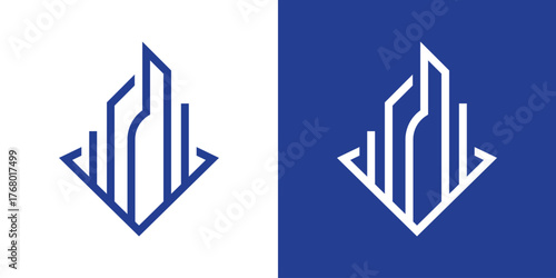 A modern logo combining buildings and upward elements, symbolizing real estate, property investment, and urban development.