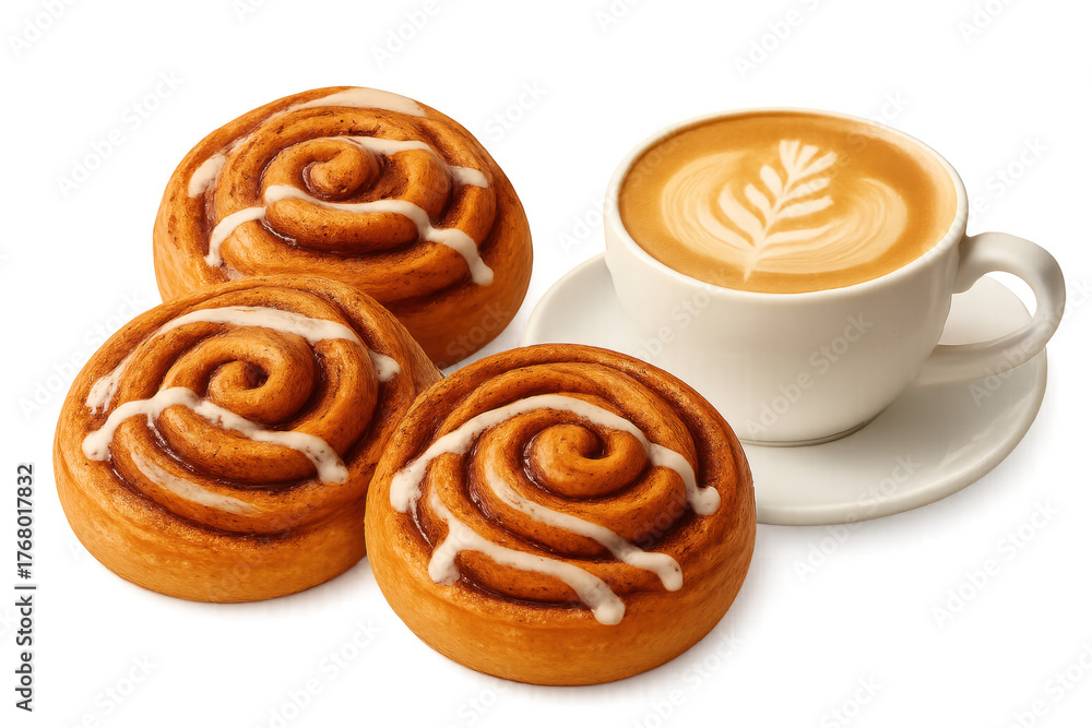 Fototapeta premium Cinnamon rolls and coffee with latte art