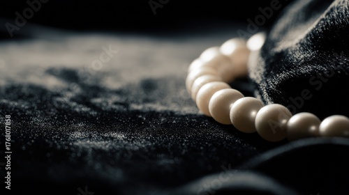 Minimalist still life of pearl necklace, top-down angled shot showing depth, velvet texture and dust motes adding tactility