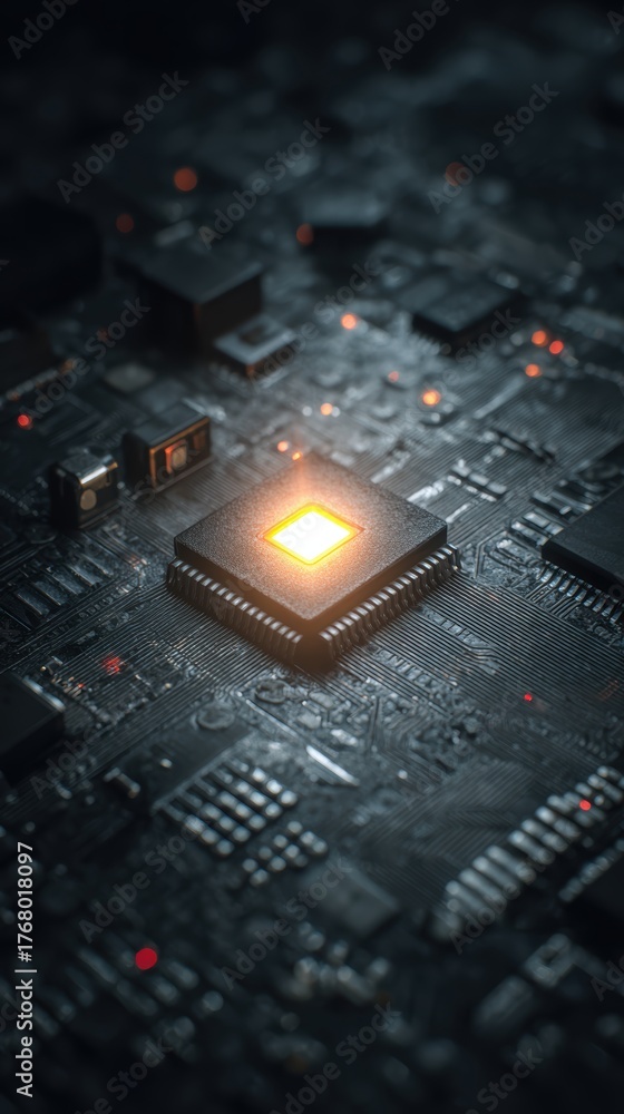 Fototapeta premium Close-Up View of Computer Chip on Circuit Board with Glowing Light
