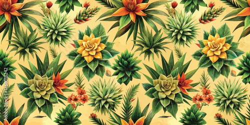Vibrant botanical pattern featuring various succulents and tropical plants in a warm color palette.
