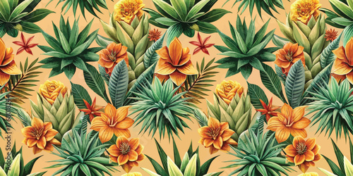 Vibrant tropical floral pattern featuring lush green leaves and bright orange flowers.