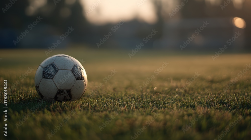 Fototapeta premium Outdoor Soccer Ball on Grass Field at Sunset with Soft Lighting
