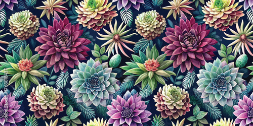 Vibrant floral pattern featuring diverse succulents in rich colors against a dark background.