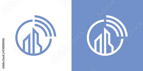 A modern logo combining a building and WiFi signal, symbolizing smart city, digital connectivity, and modern communication.