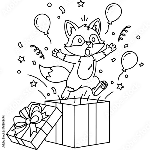 Surprised appearance of cute fox from inside opened gift box. Surprise gift for birthday or special occasion. Party scene with balloons and confetti. Minimalist vector on white background.