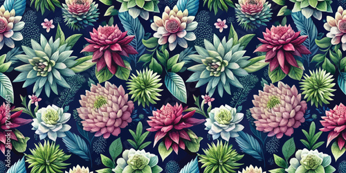 Vibrant floral pattern featuring succulents in various colors against a dark background.