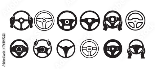 Black steering wheel graphic set icon. Cars handle automobile driving in flat style logo for apps or websites, vector illustration eps 10