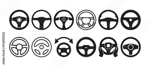 Black steering wheel graphic set icon. Cars handle automobile driving in flat style logo for apps or websites, vector illustration eps 10