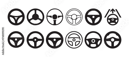 Black steering wheel graphic set icon. Cars handle automobile driving in flat style logo for apps or websites, vector illustration eps 10