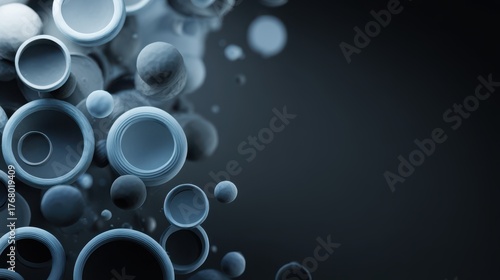 Fototapeta Naklejka Na Ścianę i Meble -  floating 3D spheres and rings in blue-gray tones, right side empty for text, dark background