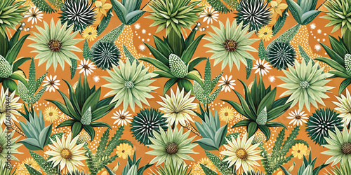 Vibrant tropical floral pattern featuring diverse plants on an orange background.