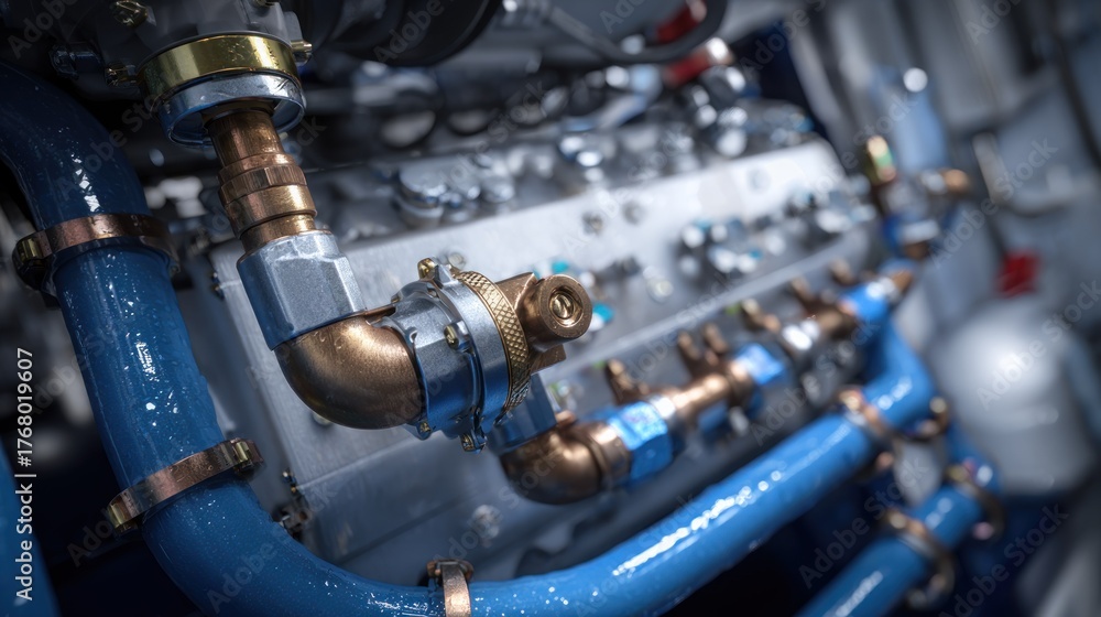 Fototapeta premium Closeup industrial engine piping