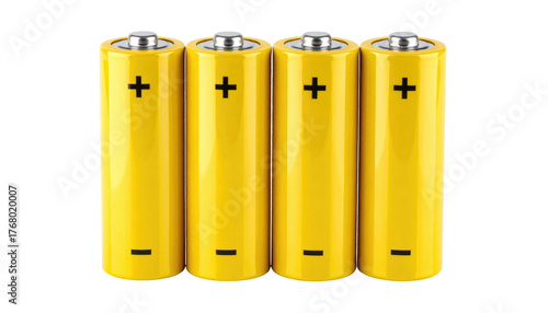 Row of four yellow AA batteries with plus and minus symbols, standing upright against a plain black background