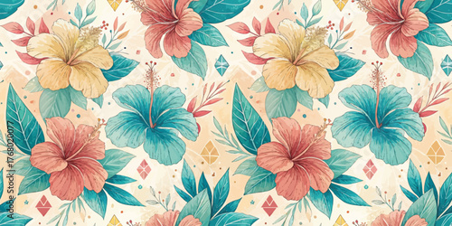 Vibrant floral pattern featuring hibiscus flowers in warm shades, ideal for tropical-themed designs.
