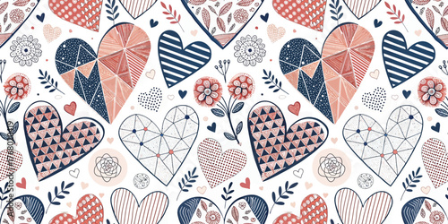 A charming pattern of colorful hearts and floral designs, perfect for romantic themes and celebrations.