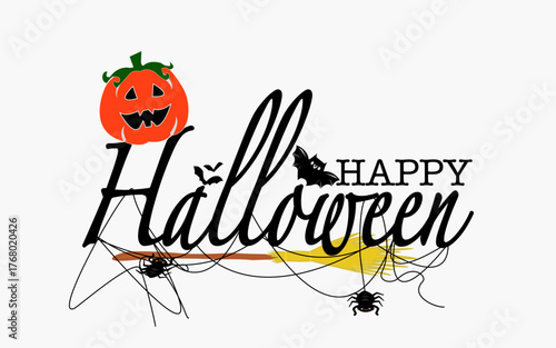 Happy Halloween text with a grinning jack-o'-lantern, black bats, a witch's broom, and spiders with webs on a white background. Vector illustration.