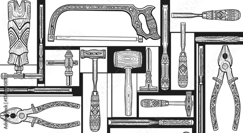A Detailed Black and White Illustration of Various Hand Tools.