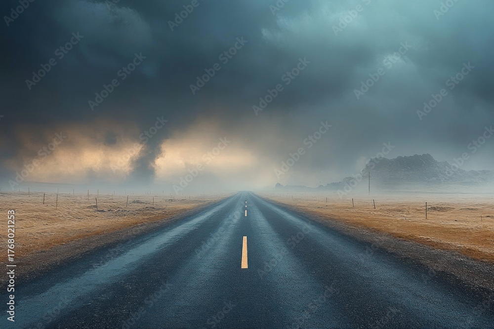 Naklejka premium Long empty road stretching into a misty, overcast landscape with dark storm clouds and muted golden fields on either side