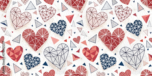Colorful geometric hearts pattern in shades of red, pink, and blue, perfect for festive designs.