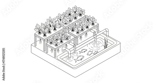 Aquaponics System Illustration - Sustainable Agriculture and Fish Farming.