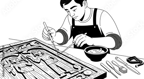 Artisan meticulously crafting intricate wood carving with focused precision.