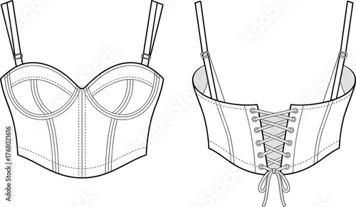 Cad drawing flat vector illustration, corset top fashion design, technical garment sketch, front back view