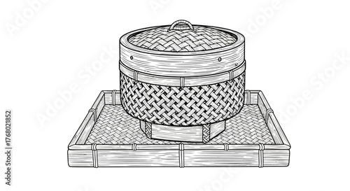 Bamboo Steamer on Tray - Traditional Asian Cooking Utensil.