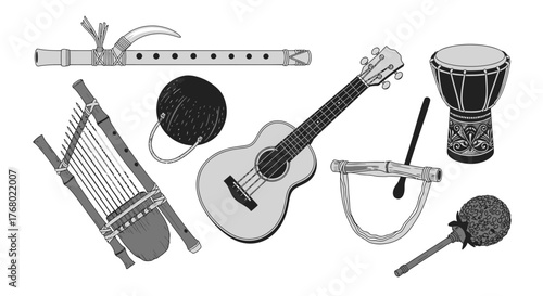 Black and White Illustration of Various Folk Musical Instruments.