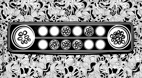 Black and White Illustration of a Mancala Board Game with Seeds.