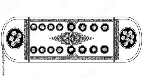 Black and white line drawing of a traditional Mancala board game.