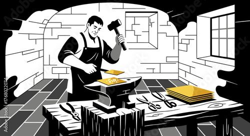 Blacksmith at Work - Crafting Metal with Hammer and Anvil.