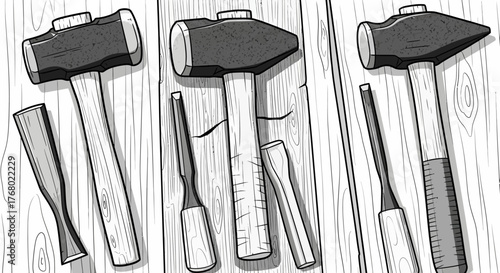Collection of hammers and chisels on a wooden surface.