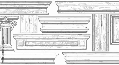 Collection of Architectural Cornices and Mouldings in Detailed Sketch Style.