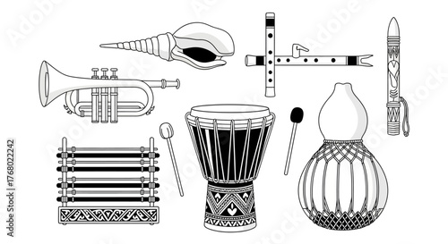 Collection of musical instruments in black and white illustration.