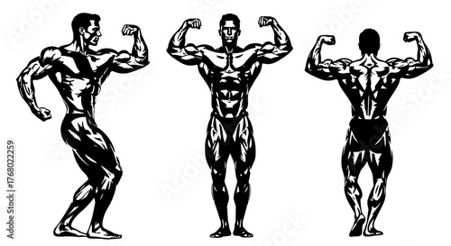 Male Bodybuilder Silhouettes Vector Set: Muscular Fitness Poses