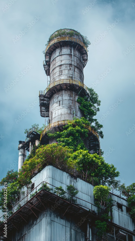 Fototapeta premium Abandoned Industrial Tower Surrounded by Lush Greenery and Sky