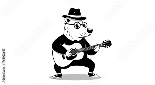 Cool Bear Playing Guitar with Hat and Glasses Black and White Illustration.